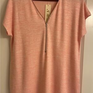 Elegant Coral Short Sleeve Top with Zipper